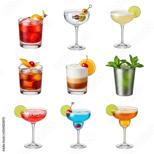 Collection of nine assorted alcoholic cocktails in various glassware, featuring garnishes like lime, orange, cherry, and mint on a black