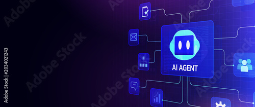 AI Agent Network: A futuristic illustration depicting an AI agent at the center of a digital network, with various interconnected nodes representing data, communication, and human interaction.