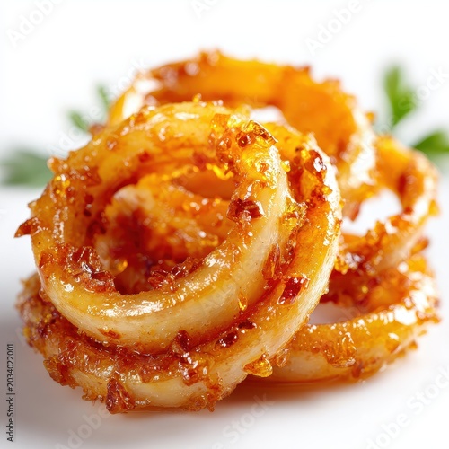 Delicious Crispy Fried Calamari Rings Stacked on White Plate