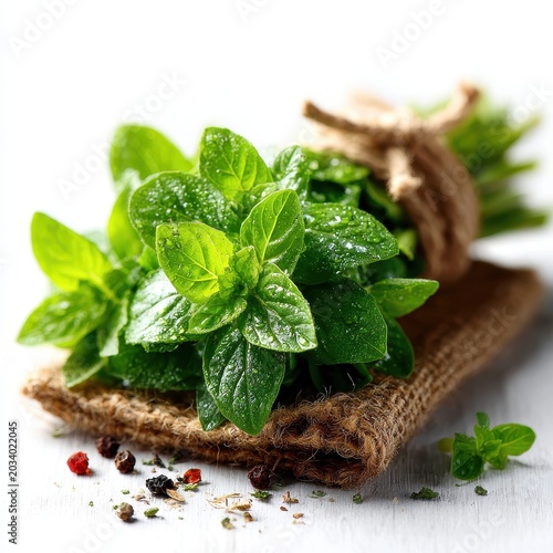 Freshly Picked Mint Bunch with Water Droplets on Burlap Fabric