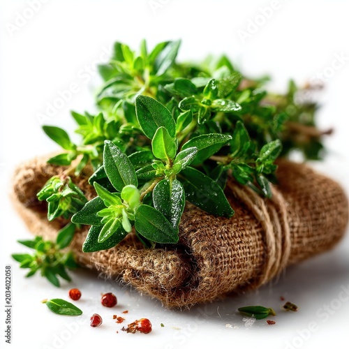 Fresh Thyme Herb Bundle Wrapped in Burlap with Pepper on White