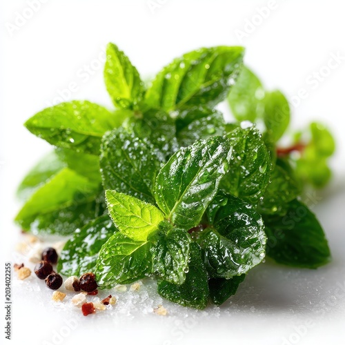 Fresh Mint Leaves with Water Droplets and Spices on White Background