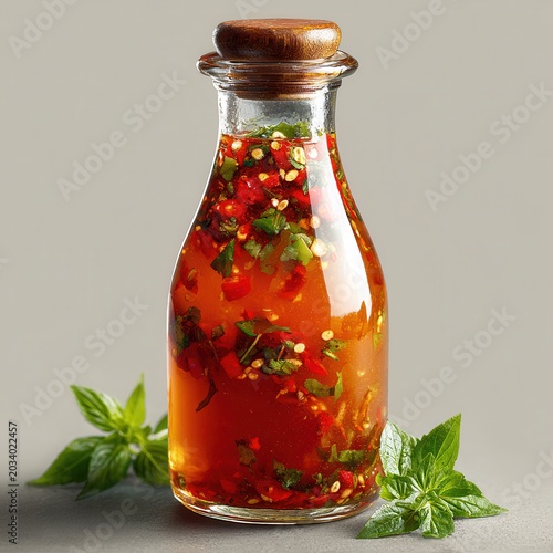 Homemade Chili Oil in Glass Bottle with Herbs and Wooden Stopper