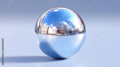 Glass Sphere Reflecting Sky and Clouds on Light Blue Background