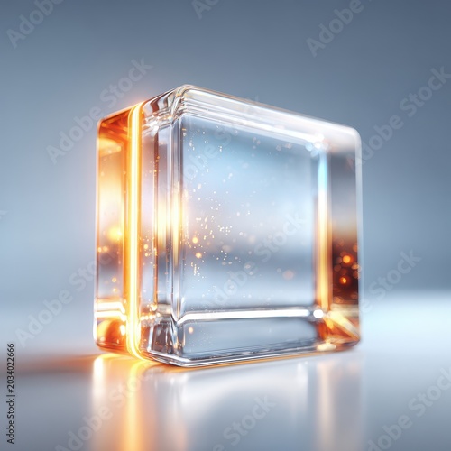 Abstract Glass Cube with Orange Glow and Sparkling Particles