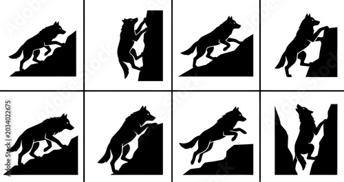Quadro em tela Set of black wolf silhouettes in framed mountain climbing poses for rustic wilde