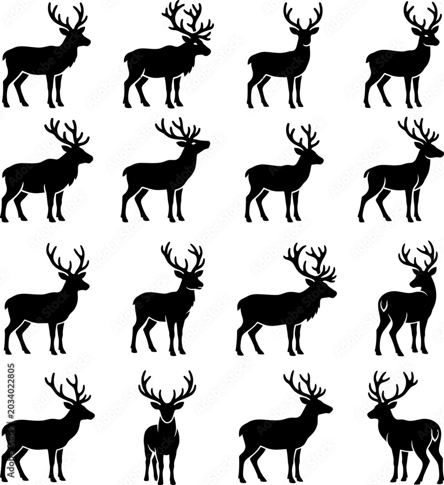 Obraz premium Detailed set of deer silhouettes in various standing and alert poses for hunting logos