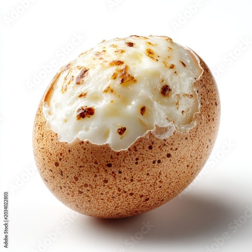 Baked Egg in Shell with Cheese Topping on White Background