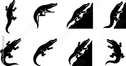 Obraz na płótnie Set of black crocodile silhouettes in various dynamic poses for wildlife design