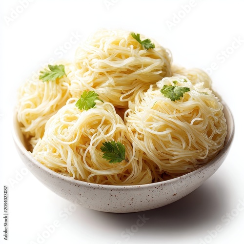 Bowl of Asian Noodles Garnished with Fresh Parsley on White Background