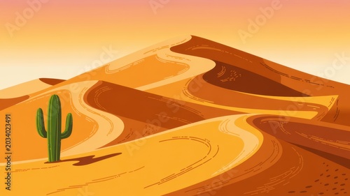 Vibrant cartoon desert illustration featuring rolling sand dunes and green cactus