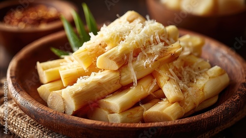 Heart of Palm Salad with Grated Cheese in Wooden Bowl Close Up
