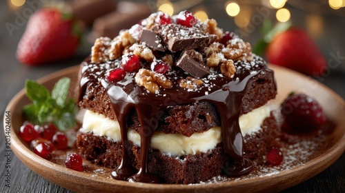 Delicious Chocolate Cake with Cream, Nuts, and Pomegranate Seeds