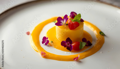 Vibrant dessert with yellow pudding and orange sauce on white plate