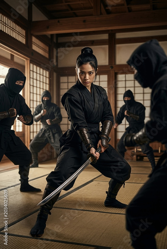 A fierce female ninja stands poised with a katana, surrounded by masked allies in a traditional Japanese training room.