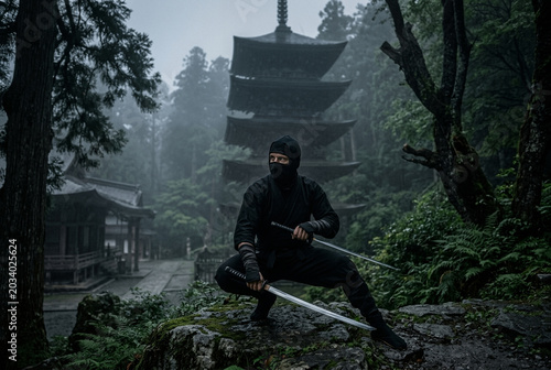 Mysterious ninja stands poised with swords amidst a misty forest and ancient pagoda, evoking strength and stealth.
