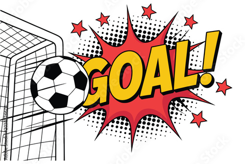 Soccer Ball Entering Goal Net with Comic Book Style GOAL Text and Red Stars, Football Match Celebration Vector Illustration for Sports Event Design
