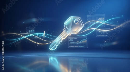 Stylized holographic key with glowing edges and intricate details floats against a backdrop of dynamic digital waveforms and abstract financial analytics displays.