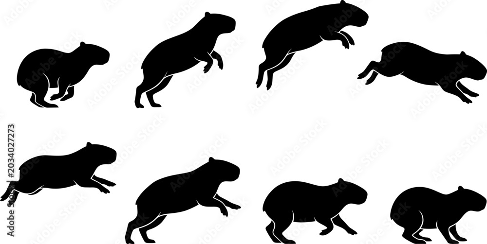 Obraz premium Vector set of capybara silhouettes showing dynamic movement and walking poses for graphic design