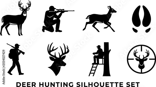 Obraz na plátně Set of deer hunting silhouettes featuring hunters with rifles and archery equipm