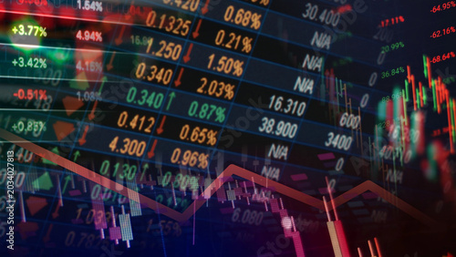 Cuadro en lienzo Global financial market volatility and stock trading data are represented by a complex display of exchange electronic numbers, percentage changes, and fluctuating candlestick charts