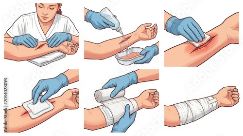 Person treats a wound on an arm using medical supplies in a workplace setting. Steps include cleaning, applying a dressing, and securing the bandage.