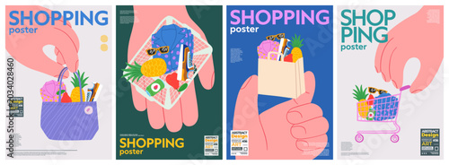 Cartoon abstract set of big hands and shopping bags. Purchase concept with paper and textile grocery bags, shopping basket and cart. Hand drawn design for poster, flyer, layout, sale, advertisement