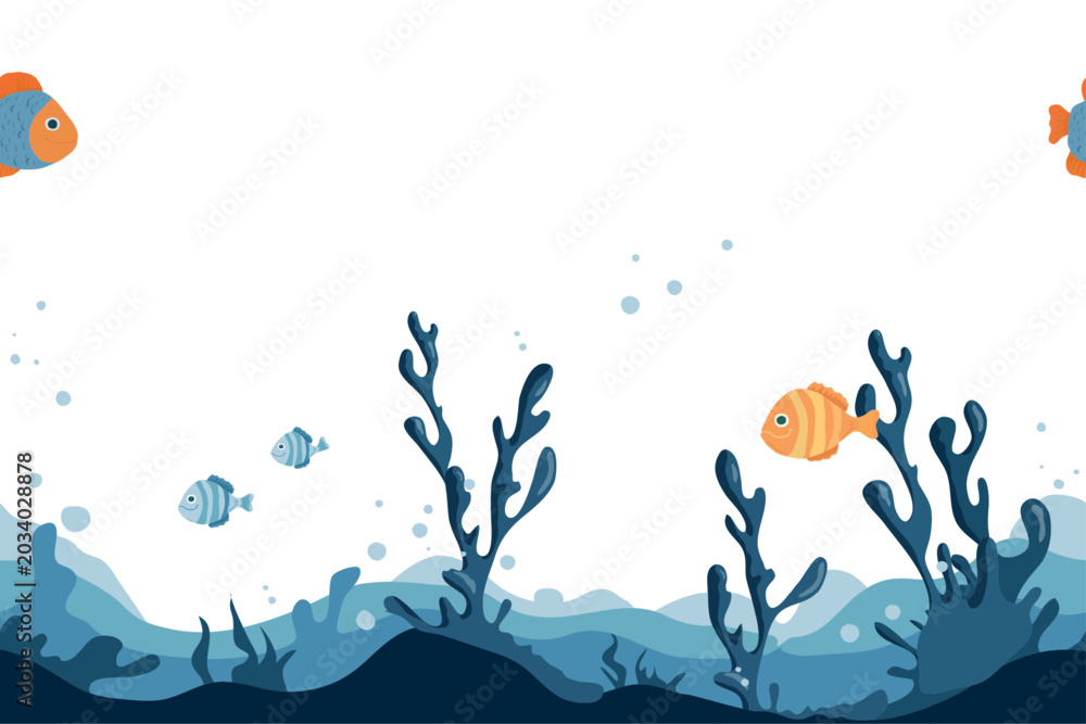 Obraz premium The ocean floor is filled with waves, corals and algae, and the seamless border is hand-painted. Vector illustration. Waves and the seabed and fish, drawing is isolated on a white background ocean Day