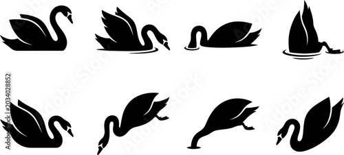 Bild auf Leinwand Swan silhouettes in various swimming and graceful postures for elegant branding