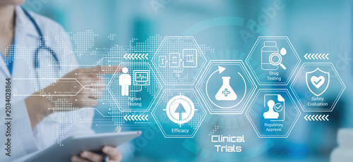 Tablou pe pânză Medical professional conducting clinical trials with digital interface showing p
