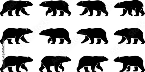 Tableau sur toile Collection of walking grizzly bear silhouettes showcasing powerful stance and mo
