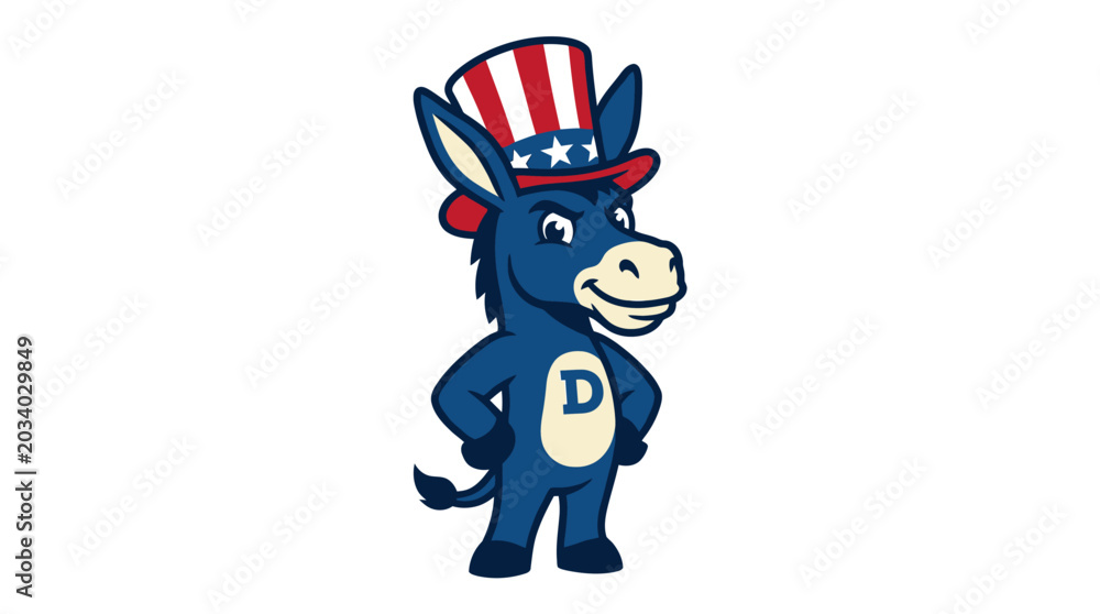 Naklejka premium Democratic Donkey Mascot Wearing a Patriotic Uncle Sam Hat, Symbolizing American Politics and Elections