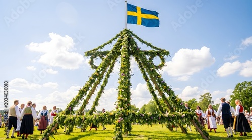 People celebrating midsummer with maypole dancing and Swedish flag on a sunny day outdoors.
