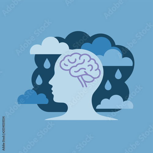 Mental health and brain concept with clouds and rain, silhouette