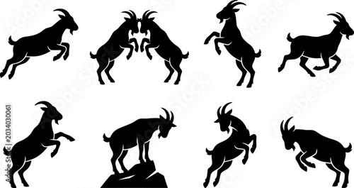 Cuadro en lienzo Collection of black goat silhouettes in dynamic jumping and fighting poses for f