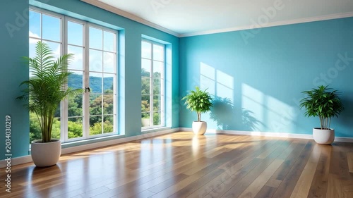 Sunny empty room with blue walls large windows and plants
