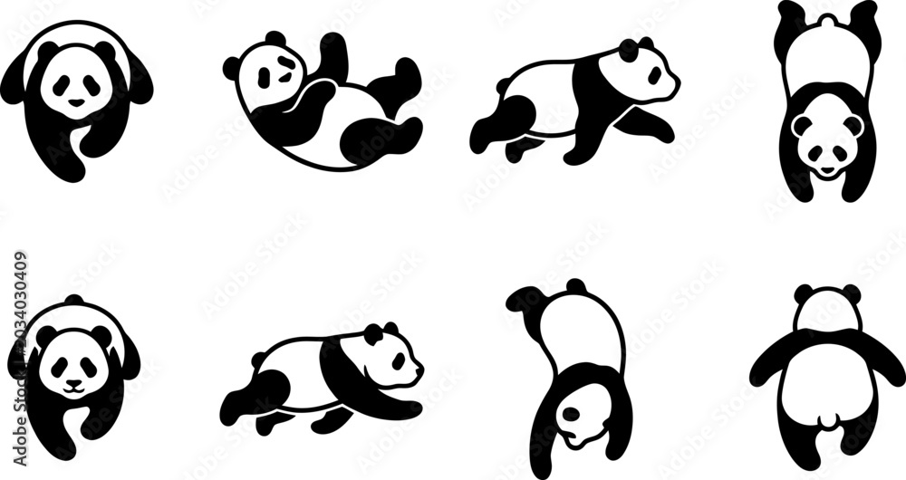 Fototapeta premium Variety of eight panda bear silhouette icons in playful and relaxed poses isolated on a stark white background vector