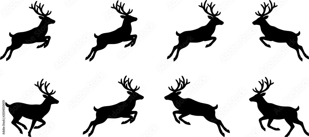 Fototapeta premium Collection of eight deer silhouette icons in jumping poses demonstrating dynamic motion isolated on a white background