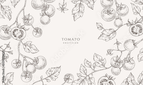 Background with tomatoes brunch and leaves. Detailed hand drawn ink illustration for template layout design, brochure or cover for food card