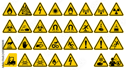 Vector Icons Set of yellow triangular warning signs and hazard symbols isolated on white background. EPS Editable