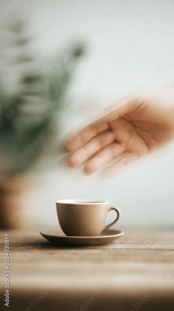 Fototapeta premium Motion blur of hand reaching for coffee cup on wooden table, capturing morning rush in bright, airy kitchen