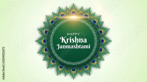 Vibrant hindu celebration happy krishna janmashtami with peacock feathers and green background