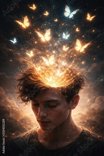 Young man with glowing butterflies emerging from mind symbolizing creativity imagination transformation and inspiration