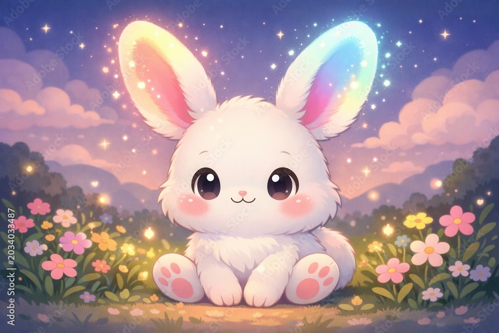 Fototapeta premium Cute bunny with glowing rainbow ears sitting in flower field under dreamy sky with sparkling lights