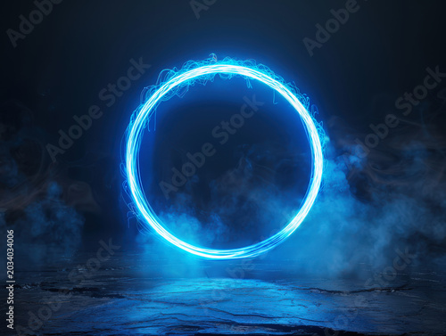 Glowing blue neon ring portal hovers above dark rocky ground. Ethereal smoke and mist swirl around bright energy circle with light trails in deep blue cosmic atmosphere