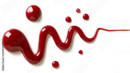  red wavy line of ketchup and several small red circular ketchup dots
