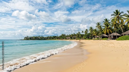 Sunny beach with gentle waves under a cloudy summer sky, scenic summer beach background for travel advertising, resort branding, vacation banners and coastal design, bright sea, warm sand and generous