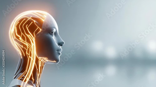 A sleek robotic figure with glowing circuitry in its head represents the future of AI and robotics. The image highlights the synergy between human like design and cutting edge technology