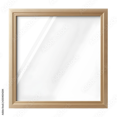 Empty vertical wooden picture frame mockup with realistic glass reflection.