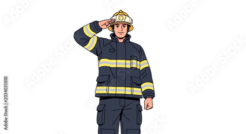 Firefighter in uniform saluting in isolated white background illustration